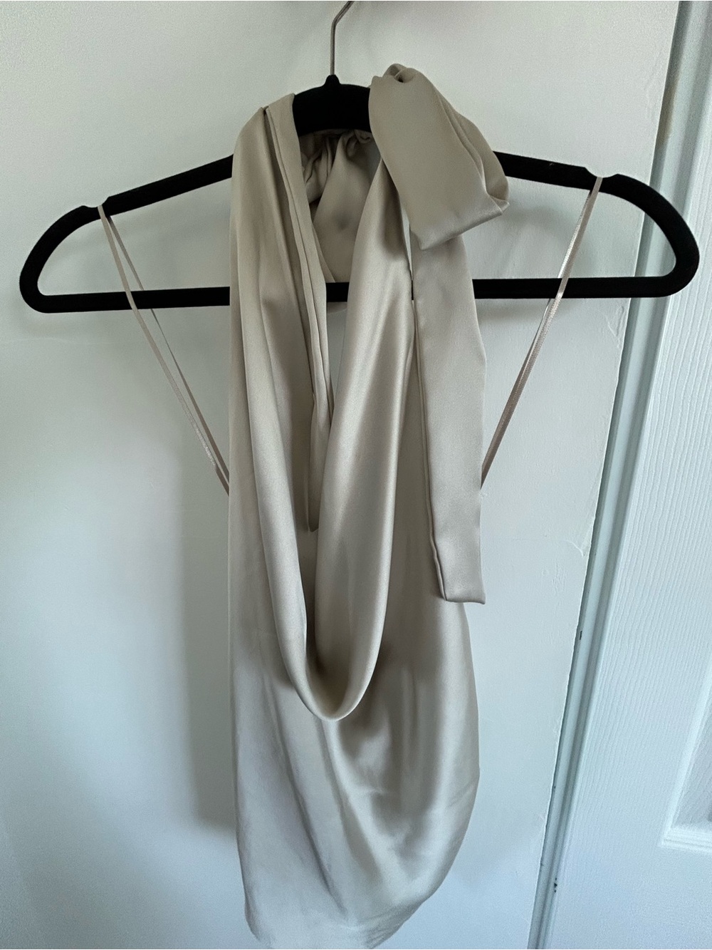 Zara Beige Satin Draped Scarf Halter Backless Tie-Back Top